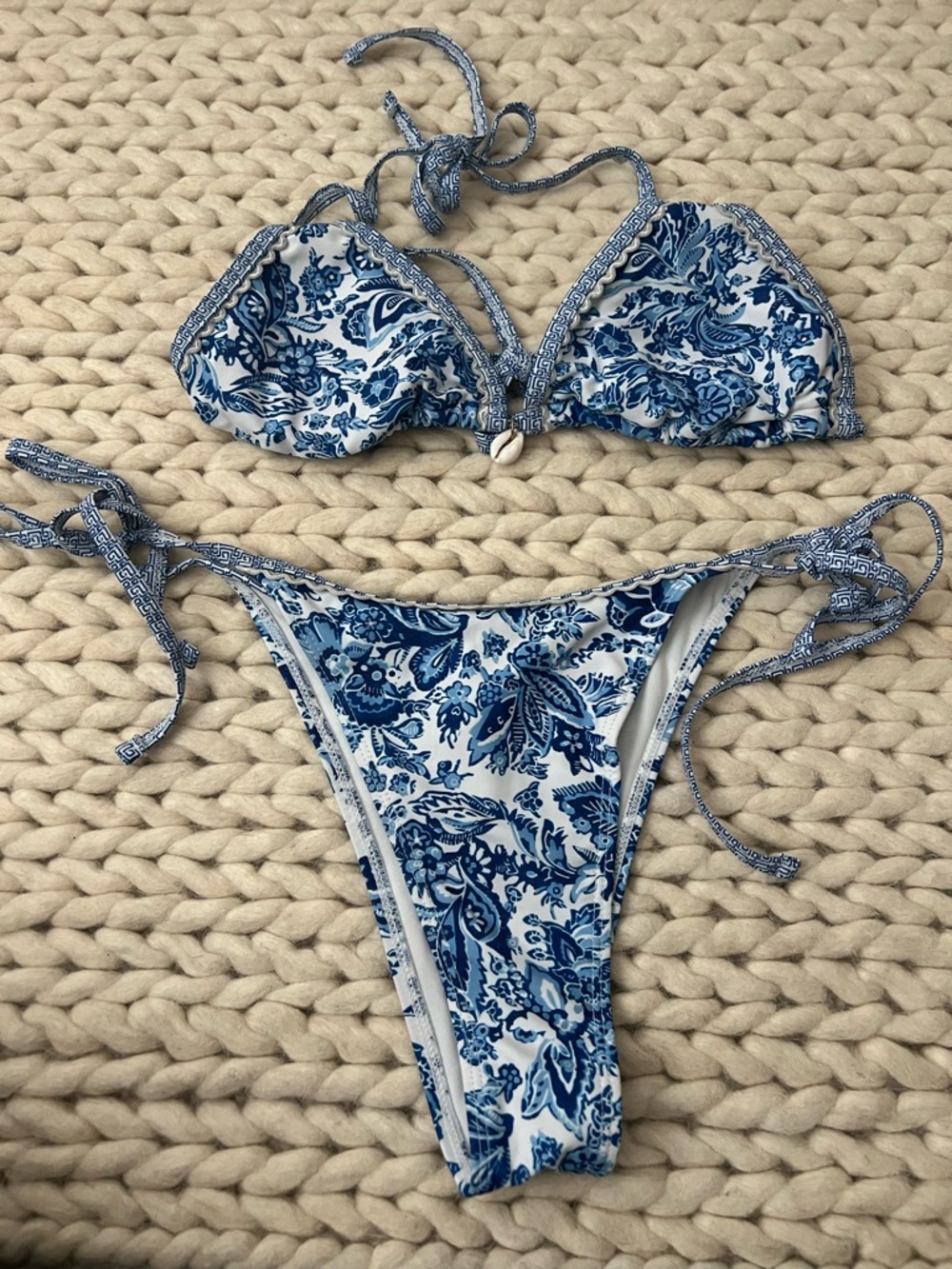 Blue & White Paisley String Bikini Set